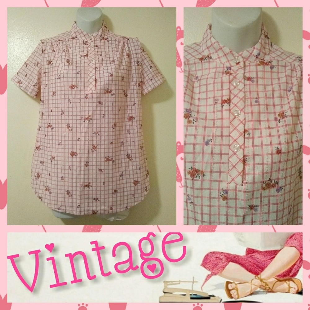 VTG 60s Maggie Sweet Pink/White Floral Blouse Sz S